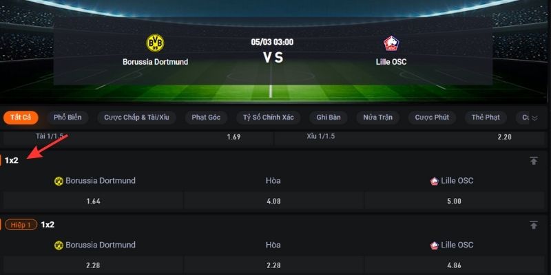 Ví dụ về kèo 1X2 trong trận đấu giữa Borussia Dortmund vs Lille
